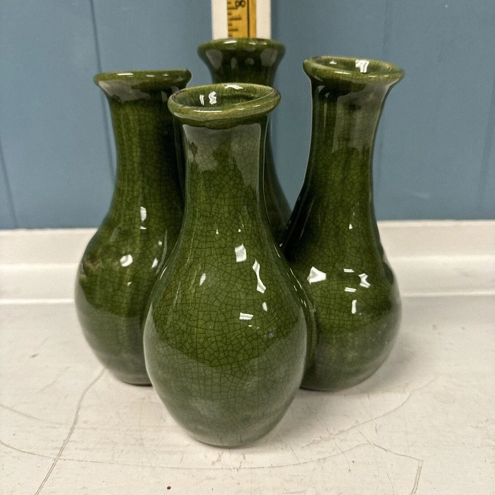 Vintage Pottery Crazed Green Finger 7”‎ Vase Four Vessel MCM RARE